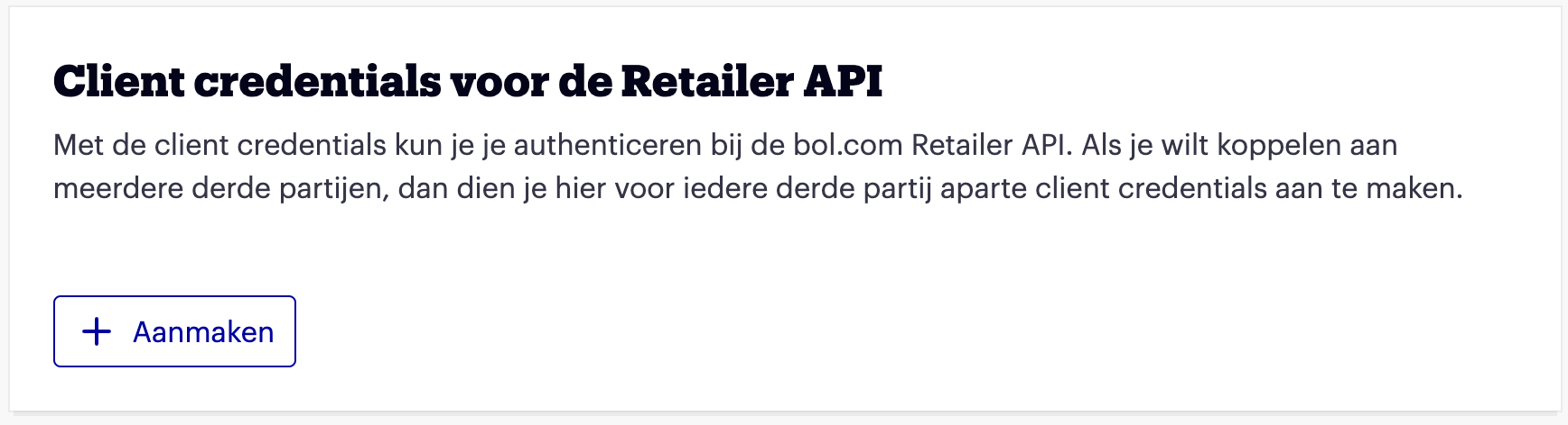 Het blok Client credentials voor de Retailer API met de knop Aanmaken