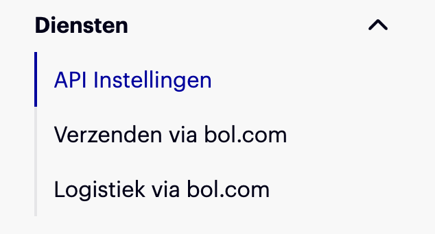 Bol-instellingen met het submenu API Instellingen onder Diensten geopend
