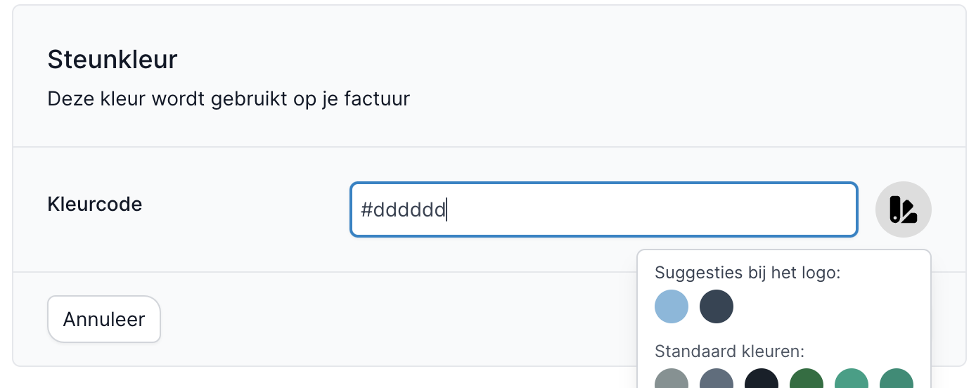 Storbit factuurlayout-instellingen met de kleurenwaaier en kleursuggesties op basis van het logo